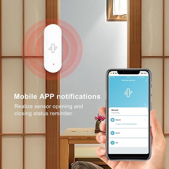 WiFi Vibration Sensor: Smart Door Window Sensor with App Alerts, Wireless Glass Break Detector, Adjustable Sensitivity, Compatible with Alexa Google Home (2Pack)
