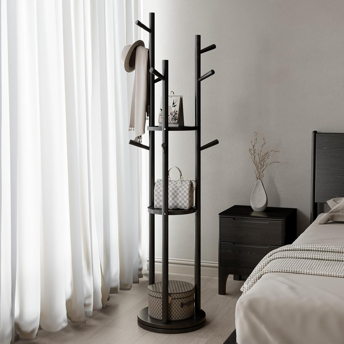 Solid Wood Rotary Coat Rack, Freestanding Coat Rack with 3 Shelves and 9 Hooks, Coat tree for Bedroom, Entryway, Livingroom, Coat Hanger Stand for Coats, Scarves, Handbags (Black)