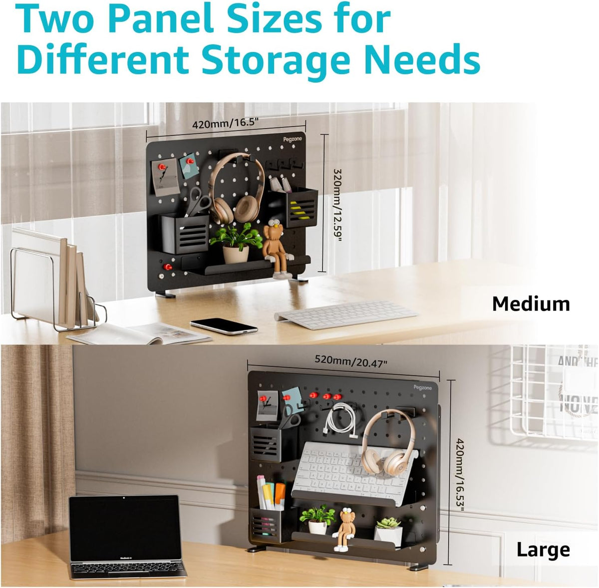 Clamp-on Desk Pegboard, Desk Organizer for Office Gaming Home, Magnetic Metal Peg Board with 10 Accessories, Privacy Panel for Office, 16.5" x 12.6", Medium, Black