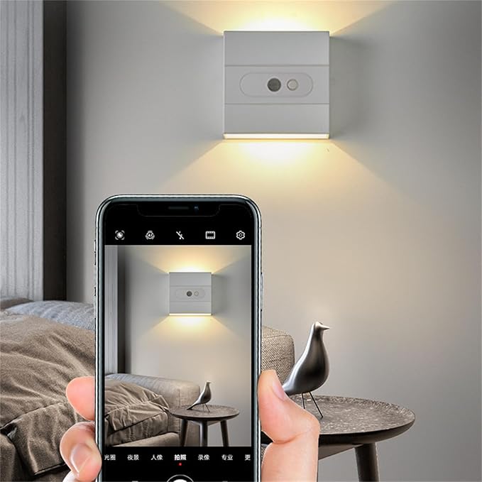 Wall Lights with Motion Sensor Indoor LED Modern Wall Lamp Brightness Adjustable Wall Sconce Recargables USB Con Batería Lighting Fixtures for Living Room Bedroom Corridor (White Light,White)