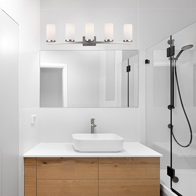 Design House Desta Vanity Light, 5-Light, Curved Bar Design, Frosted Glass Glow, Dimmable, Up/Down Mountable, E26 Socket, Satin Nickel, 38.6 in L x 6.9 in W x 9.5 in H, 589176-SN