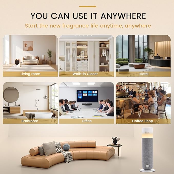Hotel Collection Diffuser Machine,Fabric-Wrapped Design,Candlelight Atmosphere Lamp,Whisper-Quiet,1000 Sq Ft,Scent Waterless Essential Oil Diffuser,Scent Air Machine Home - Grey