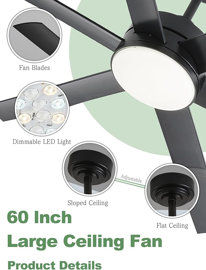 60" Smart Ceiling Fan with RGB Chasing Lights – Quiet DC Motor with Sectional Blades Dimmable CCT via App & Remote Control, Fits Flat or Sloped Ceiling Mount for Large Living Rooms, Black