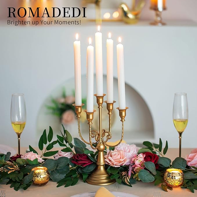 Romadedi Candelabra Gold Candle Holders - 5 Arm 11.8" Wedding Candlestick Holder for Theme Party Table Centerpiece Decor Dining Room Birthday Holiday Christmas, Set of 2