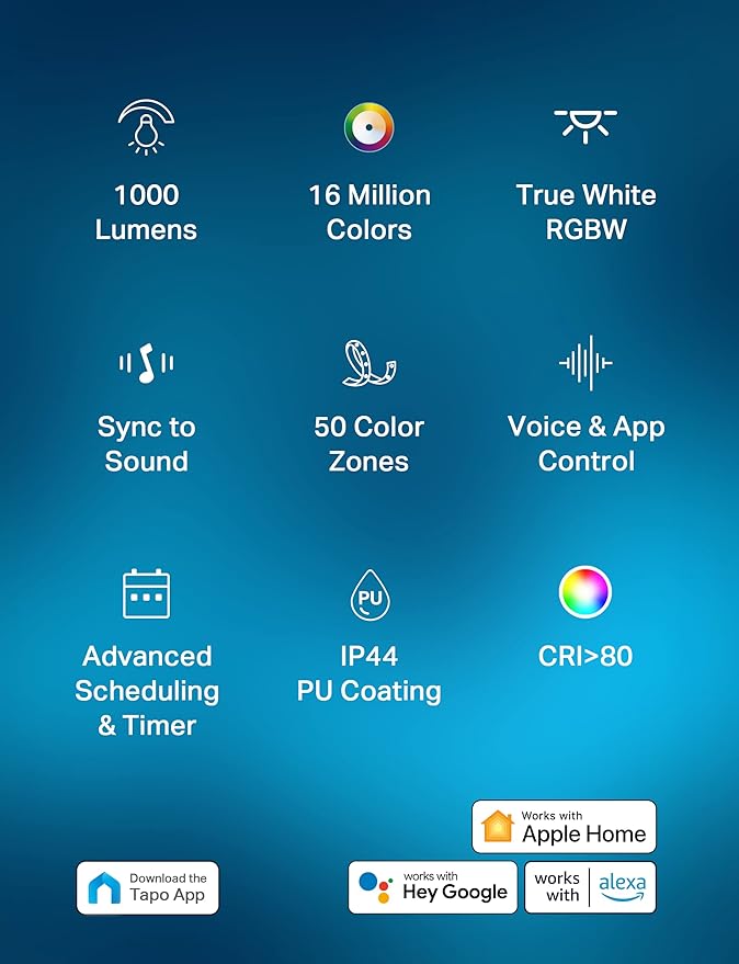 Tapo TP-Link RGBWIC Smart LED Light Strip 16.4Ft, 1000 Lumens, 16M Dimmable Colors, 50 Color Zones, Works w/Apple HomeKit/Alexa/Google Home, Sync-to-Sound, IP44 PU Coating, Trimmable L930-5