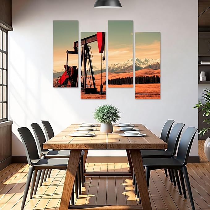 Canvas Wall Art Prints Pictures Oil Gas Pump Mountains Framed Posters Modern Wall Painting Artwork Gift Home Decor for Living Room Ready to Hang 4 Panel