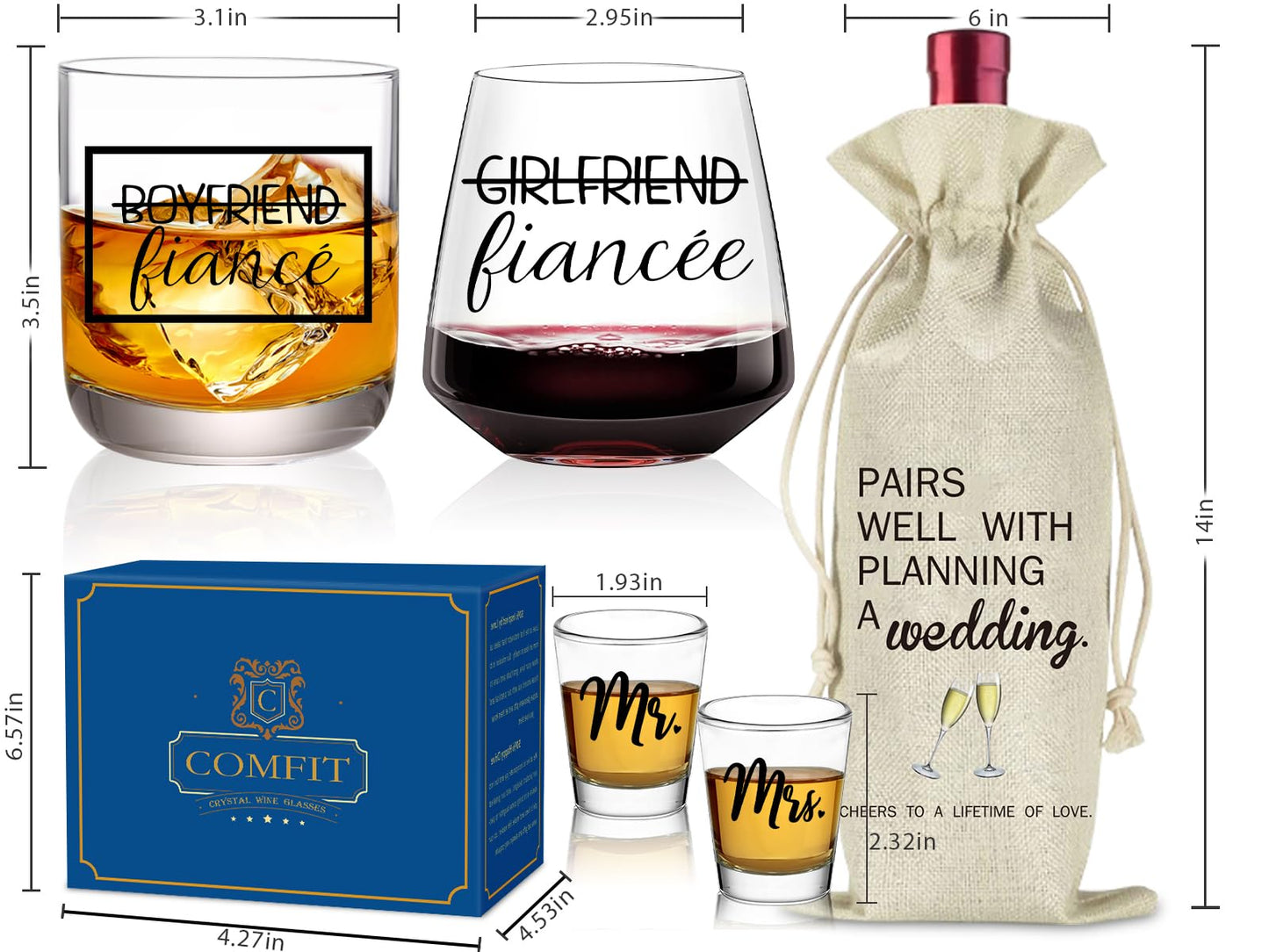 comfit Engagement Gifts for Newly Couples - Fiance Fiancee Gifts, Boyfriend & Girlfriend Wine and Whiskey Glass Set, Wedding Gift for bride and groom, Future Mr and Mrs Just Engaged Gift