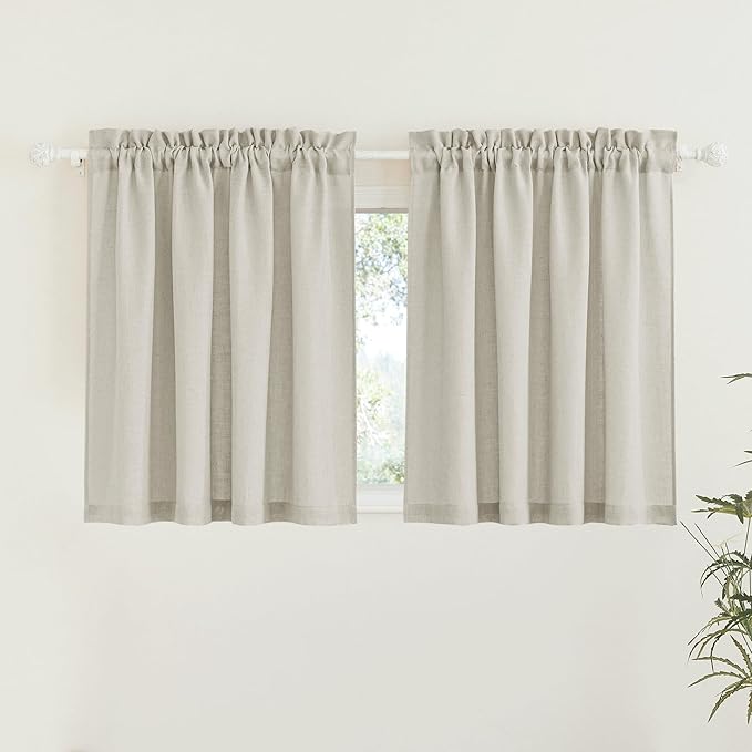 RYB HOME Linen Woven Curtains 36 Inch Length, Flax Linen Blend Small Drapes Soften Sunlight Thermal Curtains for Farmhouse, Cafe, RV, Bus, Office, W 52 x L 36 inches, Angora, 2 Pack
