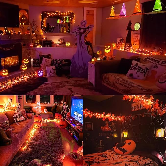LAMPHOME Orange Fairy Lights, 100 LED 33ft Battery Operated Halloween Lights with Remote, 8 Modes Twinkle String Light for Halloween Thangksgiving Fall Tree Indoor Outdoor Decoration