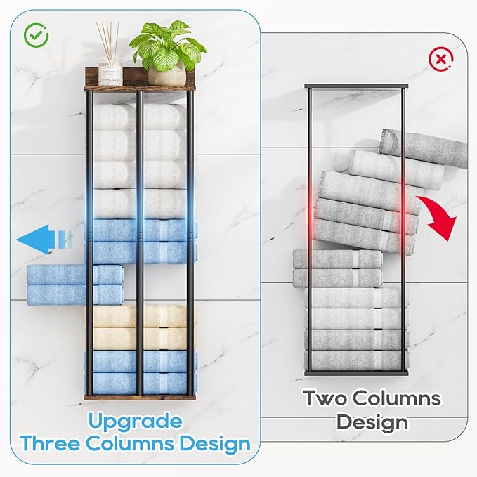 Towel Racks for Bathroom Wall Mounted with Wooden Storage Shelf, Updated 3 Bar Metal Towel Holder for Rolled Towels, Sturdy and Large Capacity, Towel Storage Organizer-Rustic