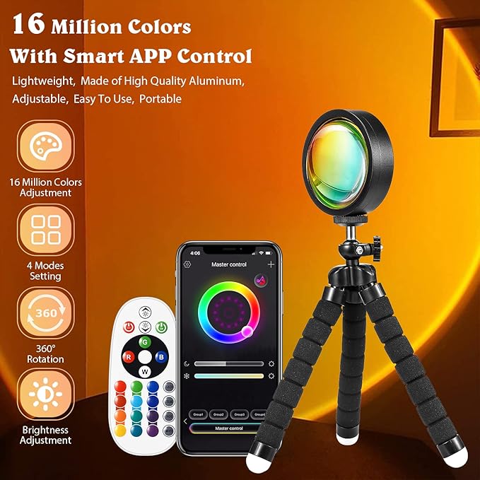 Sunset Lamp Projector, Multiple Colors with APP & Remote Control, 360 Rotation LED Sunset Projection Lamp for Photography/Party/Gift/Home Decor