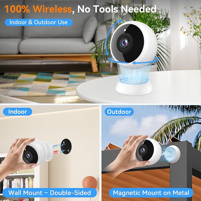 Magnetic Security Camera Wireless - 2Pack AI Motion Detection, 2K HD Video, Battery Powered, Ease of Setup, 2-Way Audio,IR Color Night Vision, Waterproof, Outdoor & Indoor Surveillance