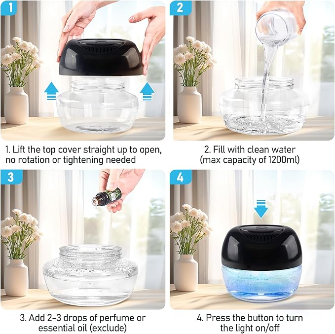 Water Based Air Purifier with Essential Oil Diffuser Pack, Air Washer with 7 Color LED Night Light, Air Revitalizer Includes 6x10ml Essential Oil Aroma Diffuser for Home, Office, Pet