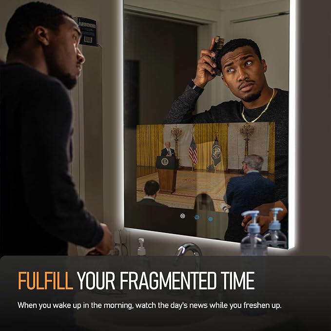 32"x24" Smart Waterproof Anti-Fog Vanity Mirror with Built-in 21.5" Touch Display, Android OS, Adjustable 3-Color LED, Bluetooth/WiFi/HDMI, Streaming Apps for Bathroom & Bedroom