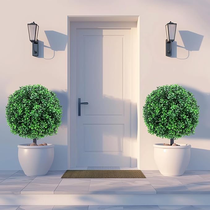 Artificial Boxwood Topiary Ball Trees with Ground Spikes UV Resistant Faux Greenery Shrubs Fake Shrubs for Outdoors, Realistic Faux Plants Bushes for Garden Porch Yard Patio Decor (Green Boxwood)