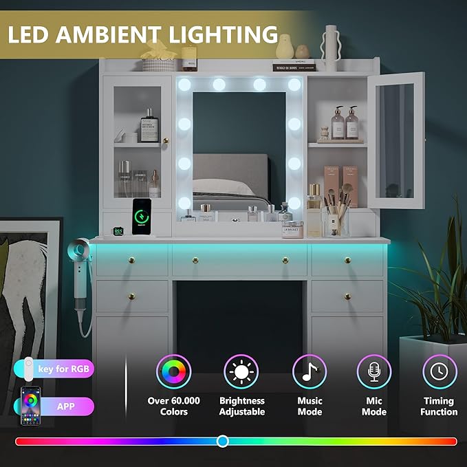 Makeup Vanity Desk with Mirror and Lights, White Vanity Table Set with Storage Drawers, Charging Station & Cabinets, Large Dressing Table with RGB Ambient Light for Women Girls Bedroom Bathroom