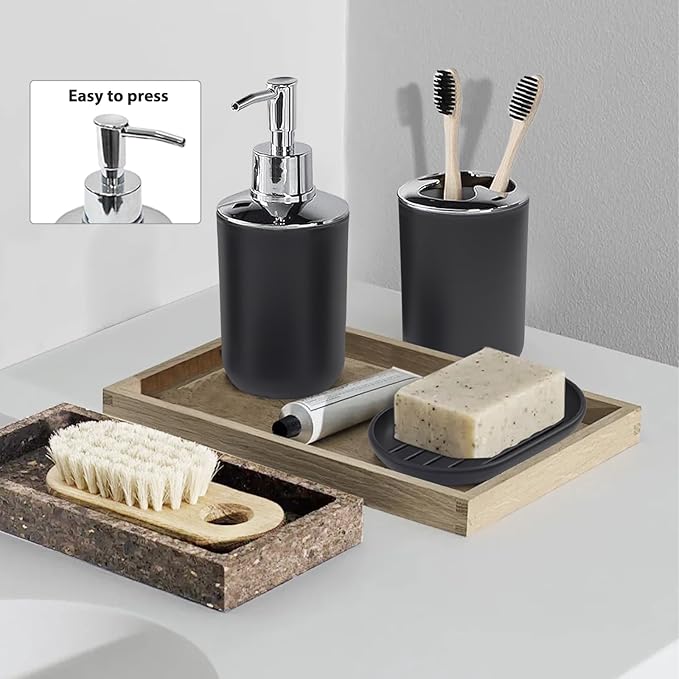 CERBIOR Bathroom Accessories Set 6 Piece Bath Ensemble Includes Soap Dispenser, Toothbrush Holder, Toothbrush Cup, Soap Dish for Decorative Countertop and Housewarming Gift (Shiny black-6pcs)