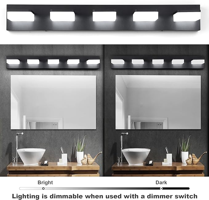 3 Colors Dimmable Black Vanity Light, LED Bathroom Light Fixtures over Mirror, Acrylic Stainless Steel Vanity Lighting Fixtures, 5 Light Bathroom Vanity Light,Adjustable 3000K/4000K/6000K,360° Rotate