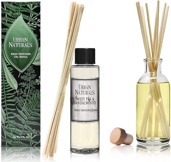 Urban Naturals Reed Diffuser Oil Refill, Sweet Pea & Sandalwood Diffuser Oils with Jasmine, Berries, Sweet Pea, 4 oz + Free Reed Sticks, Made in the USA
