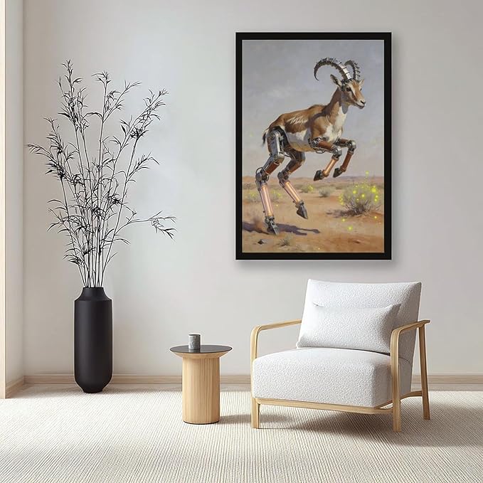 Framed Steampunk Mechanical Antelope Wall Art - Desert Futuristic Poster for Loft Living Room Decor 20x30in