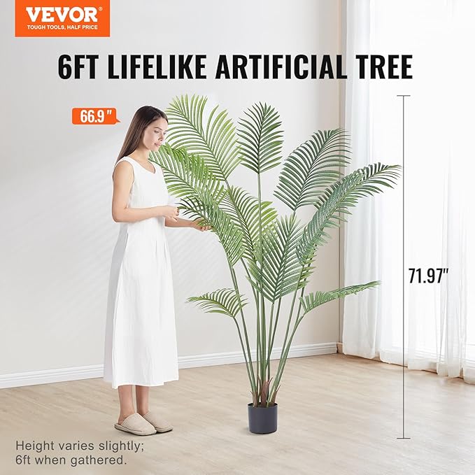 VEVOR Artificial Palm Tree, 6 FT Tall Faux Plant, Secure PE Material & Anti-Tip Tilt Protection Low-Maintenance Plant, Lifelike Green Fake Tree for Home Office Warehouse Decor Indoor Outdoor