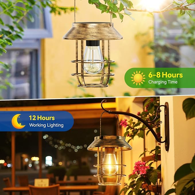 Solar Lanterns Outdoor Waterproof, High Brightness Hanging Solar Lights for Outside with Wall Hooks, Retro Metal Outdoor Lanterns Auto On/Off for Porch, Patio, Yard Decor 4 Pack
