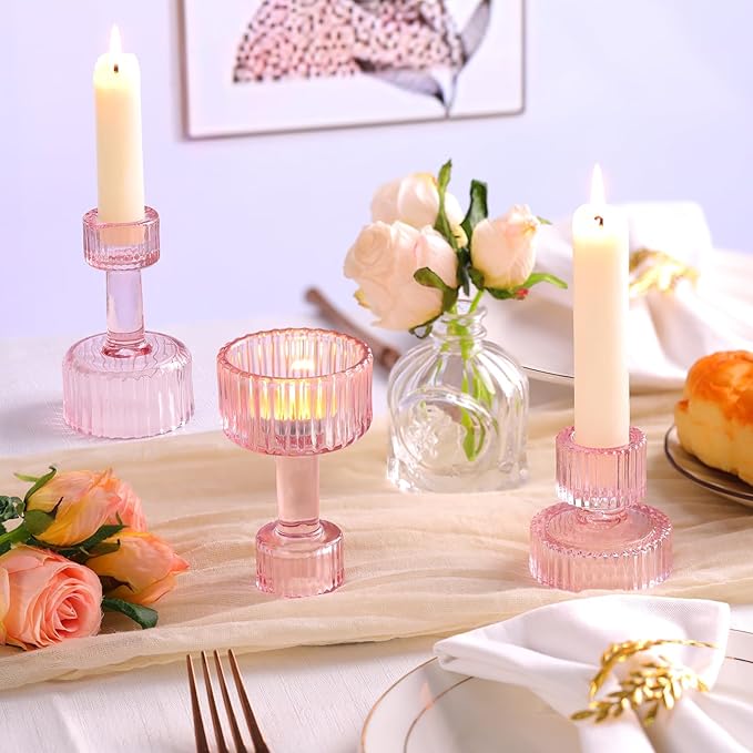 Candlestick Holders Bulk, 6 Pcs Pink Combination Candle Holders Set, Crystal Candle Holders for Wedding, Table Centerpiece, Home Decoration