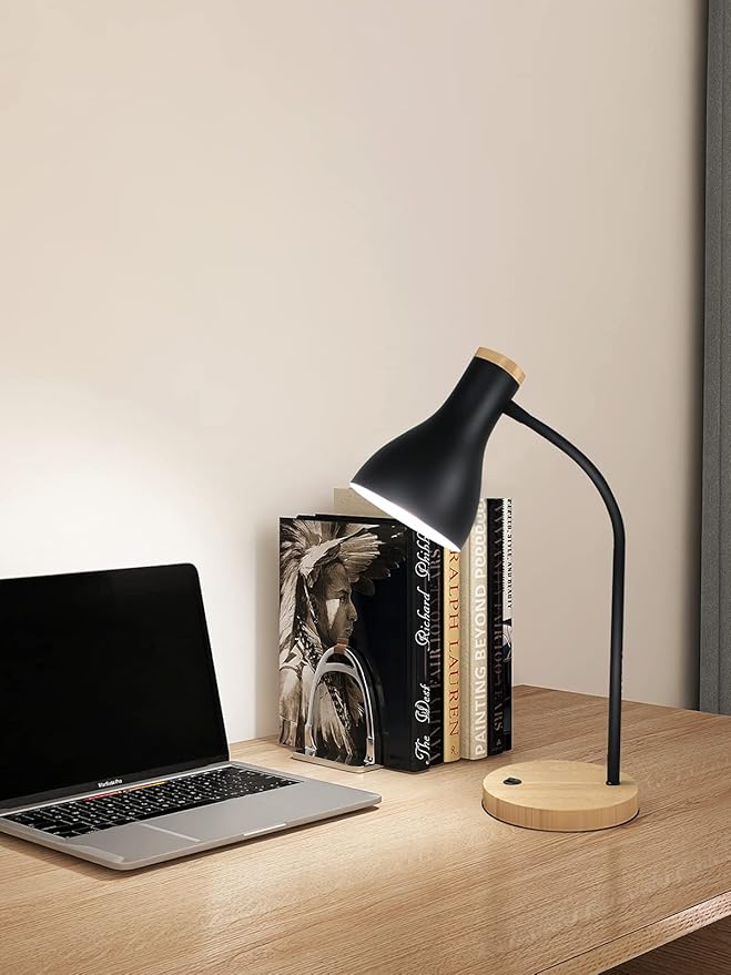 Metal Desk Lamp Table Lamp Reading Lights Arc Desk Lamps for Bedroom, Wood Base Bedside Lamp with Flexible Gooseneck for Study Room and Office (Wood Base+Black)