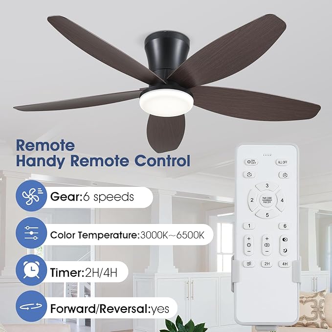Ceiling Fans with Lights-42 Low Profile Ceiling Fan with Light and Remote/APP Control,Flush Mount,DC Reversible,LED Dimmable Modern Ceiling Fans for Bedroom,Indoor/Outdoor Patio Use(Brown)