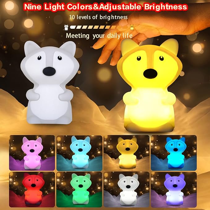 WHA&DARREN Large Fox Night Light for Kids,Cute Baby Night Light, Silicone Bedside Lamp,Sleep LED Lights Desk Light, Eye Caring, Adjustable Brightness & Color, Time Setting