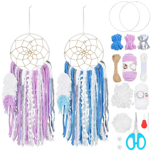 BEUNITONE DIY Two-Color Dreamcatcher Kit 2 Set 19.69“ x 5.91“ Boho Purple Blue Wool Yarn Handmade Dream Catcher for Beginner Dream Catcher for Women Gifts DIY Wall Decor for Bedroom, Livingroom