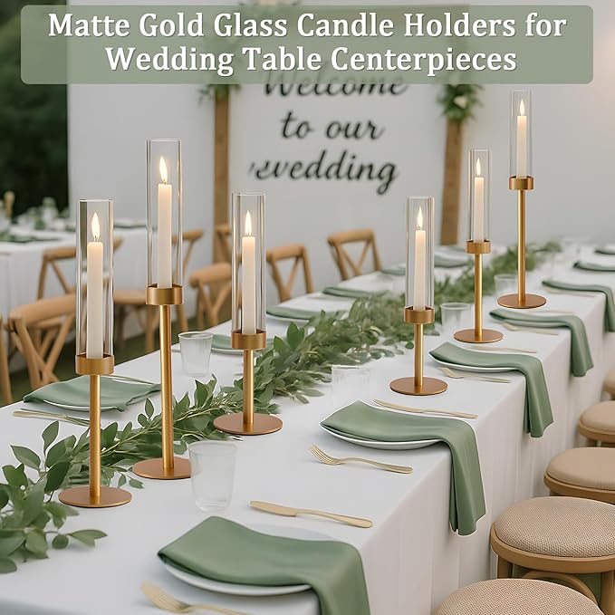 6Pcs Hurricane Glass Candle Holders Gold Candlestick Holders Taper Candle Holder with 9.8" Windproof Clear Cylinder Covers for Outdoor Indoor Tall Candle Stick Holder Decor for Wedding Party Fireplace