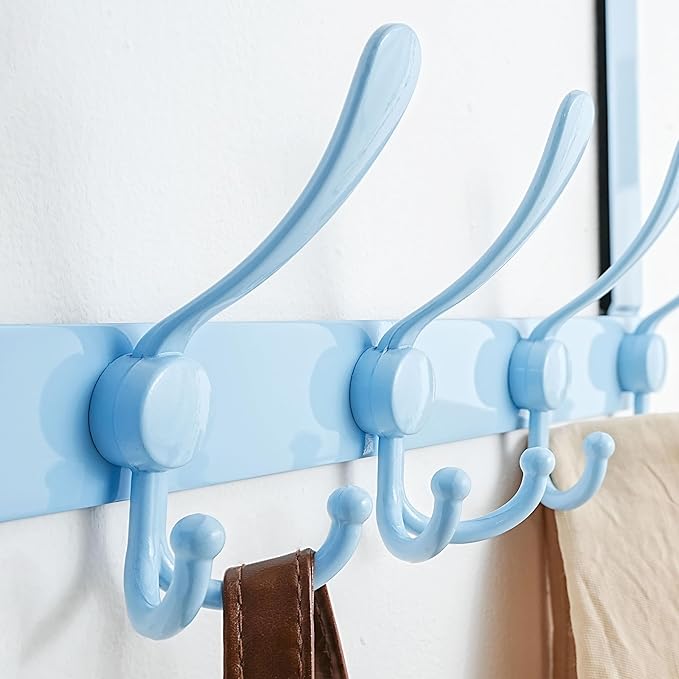 Dseap Over The Door Hook Hanger - Fits 1 3/8" to 1 3/4" Standard Doors | 5 Tri Hooks Heavy Duty Towel/Coat Rack | Door Organizer for Clothes, Jackets, Hats, Towels, Blue