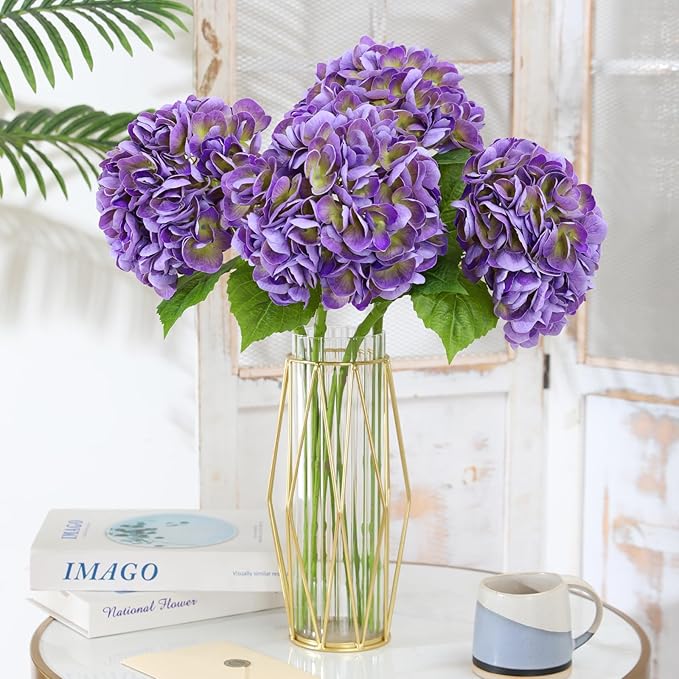 Nubry 22.44In Purple Hydrangea Artificial Flowers,4Pcs Latex Faux Real Touch Large Hydrangea Flowers with Long Stems & Leaves for Home Office Decor Wedding Party Arrangements(Purple)