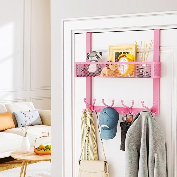 SWTYMIKI Over The Door Hook with 16 Hooks & Mesh Baskets - Heavy Duty Over The Door Organizer Hanger for Towels, Coats, Clothes - Space Saving Hanging Rack for Bathroom, Living Room, Pink