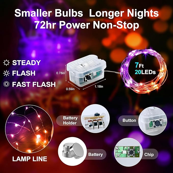 Aogist 24 Pack Fairy Lights 3 Modes 7ft 20 LED Waterproof,Battery Operated Silver Wire Firefly Starry Moon Mini String Lights for Mason Jars Christmas DIY Crafts Wedding Party Bedroom,Orange&Purple