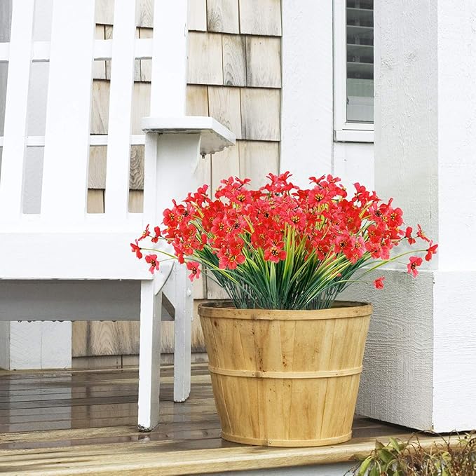 12 Bundles Artificial Flowers Outdoor UV Resistant Fake Flowers No Fade Faux Plants Garden Porch Window Box Decorating (Deep Red)