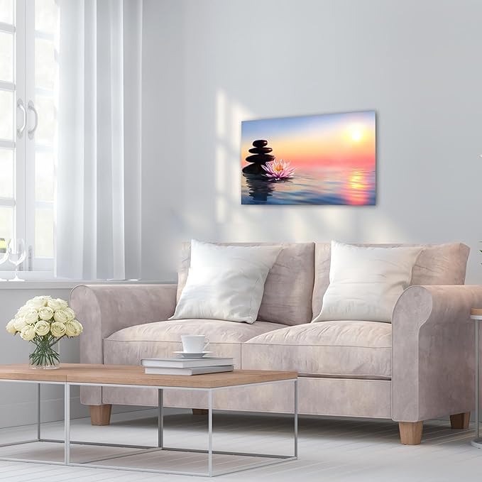 GUTTATY Zen Wall Art Decor, Modern Bathroom Zen Decor Wall Art, Canvas Wall Art for SPA Zen Room Decor, Pink Lotus Flower and Pebble Relaxing Zen Art Prints for Office & SPA Wall Decor 12x18 Inches