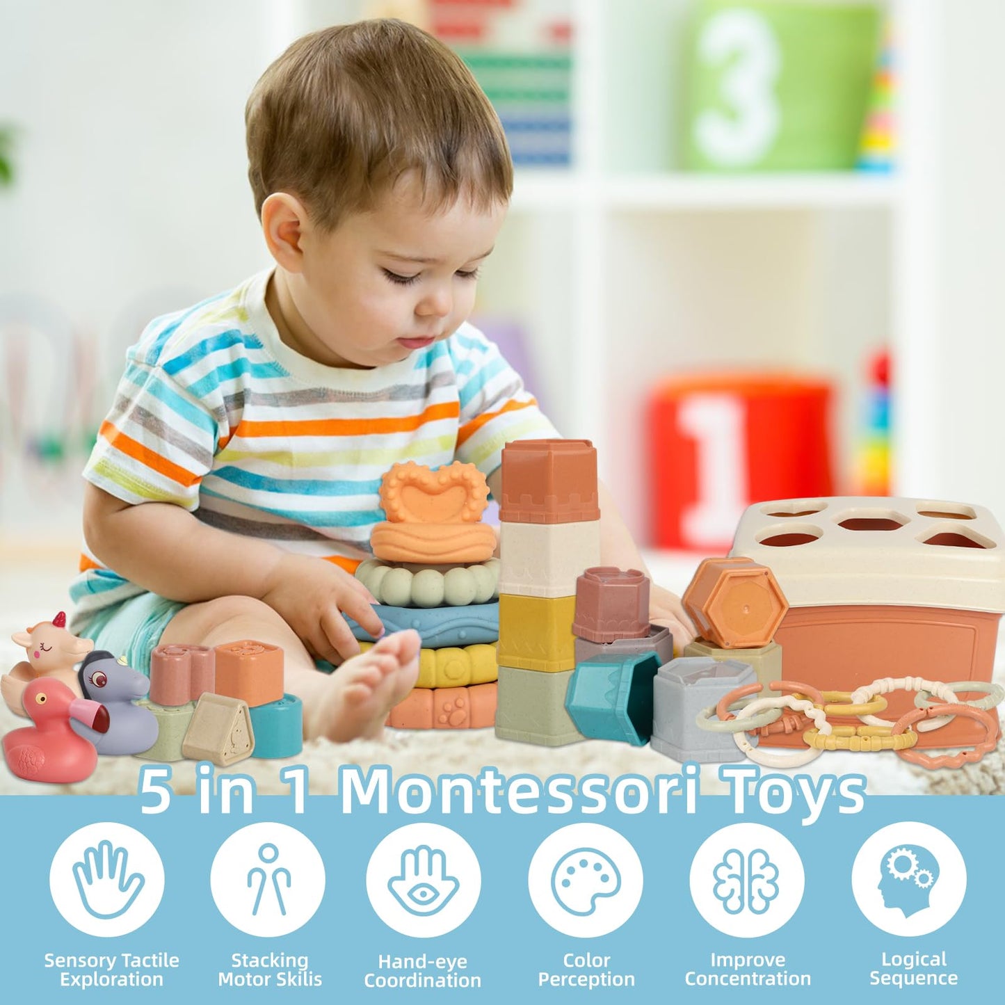 BYFWH Shape Sorters Baby Toys 5 in 1 Montessori Toy for 6-48 Months Stacking Cups,Rings Toy Links,Soft Stacking Rings,Blocks Set,Soft Animals Toys Shape Sorters for Toddlers 1-3