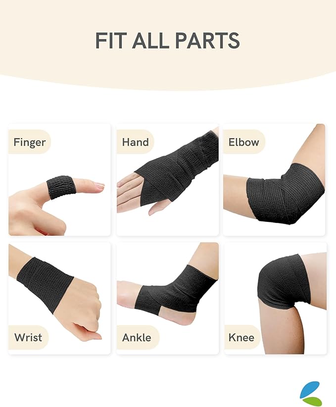 FriCARE Self Adhesive Bandage Wrap, Medical Tape in First Aid Kit, Cohesive Bandages for Wounds Sport Vet, FSA/HSA Eligible, 2 Inches X 5 Yards 6 Rolls, Black