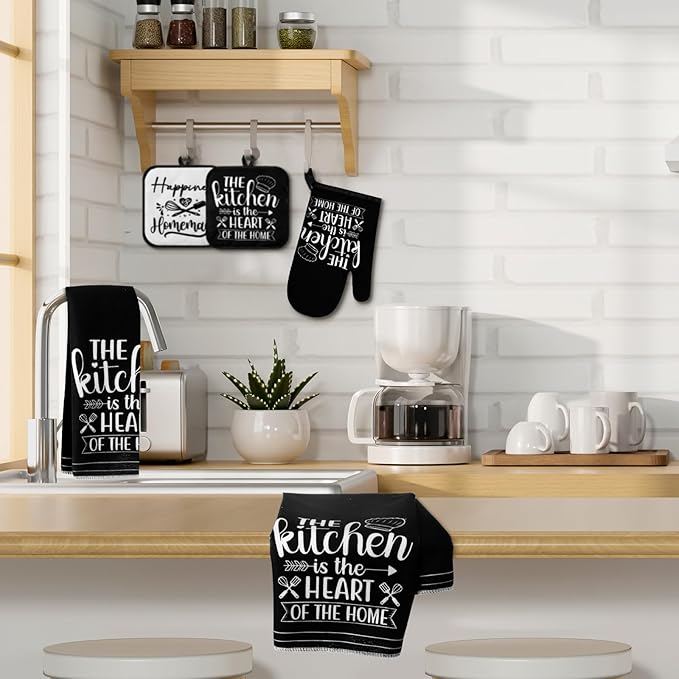 Sratte 6 Pcs Kitchen Decor Accessories Set Farmhouse Towels Pot Holders Oven Mitts Set 2 Dish Towels 2 Potholders 2 Cooking Mittens Oven Glove for Christmas Baking Cooking Supply(White,Kitchen)