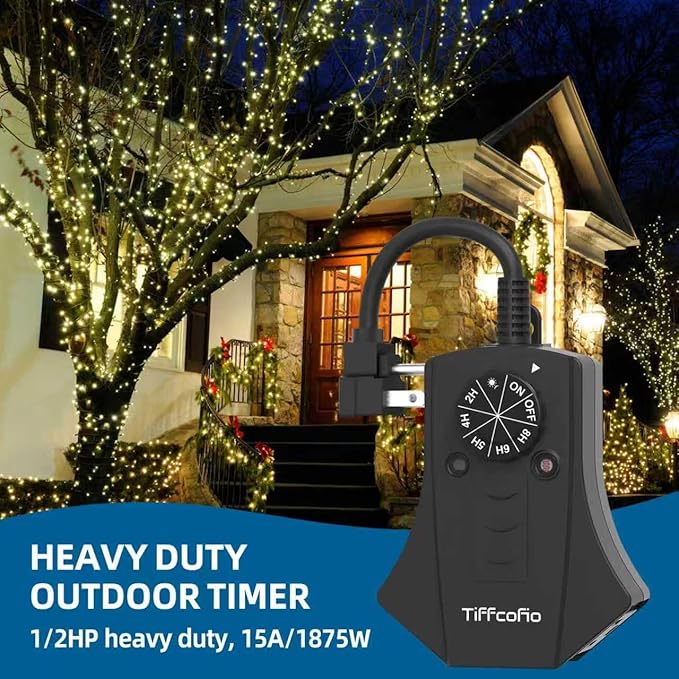 TiFFCOFiO Outdoor Timer Outlet, Dusk to Dawn Light Sensor Timer Weatherproof, 3 Grounded Outlets for Halloween and Christmas Lights, 15A 1/2HP, ETL Listed