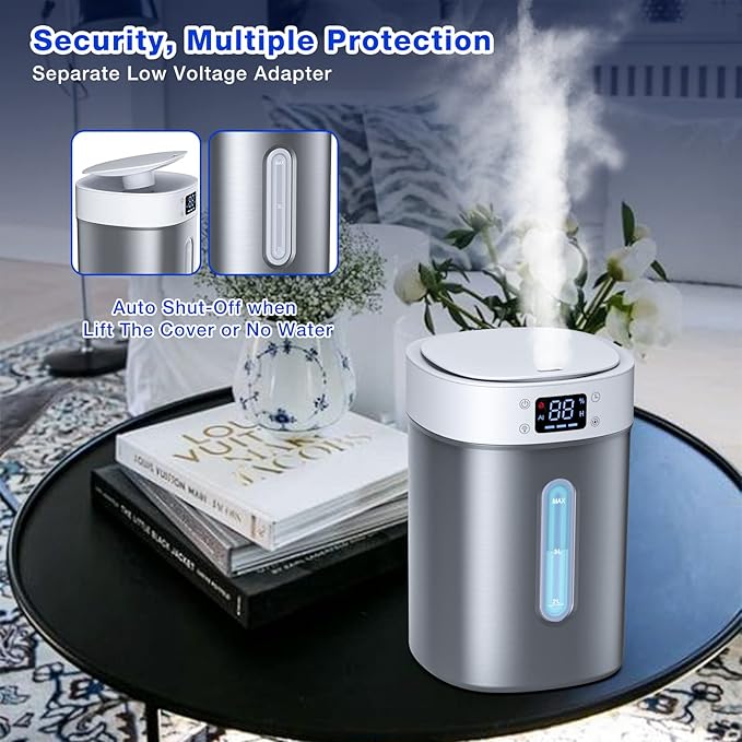 Stainless Steel Humidifier for Bedroom & Large Room,4L Easy to Clean Cool Mist Humidifier, Mold Free & Dishwasher Safe Water Tank, Essential Oil Diffuser for Baby Nursery, Plants, Home