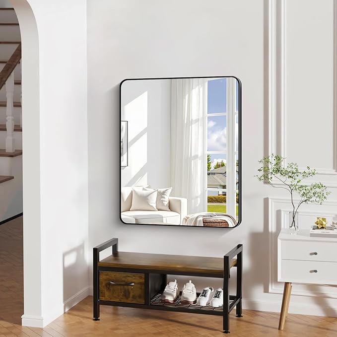 30" x 36"Bathroom Mirror, Matte Black Wall Mirror with Metal Frame, Decorative Rectangular Vanity Mirror for Bedroom Bathroom Living Room Entryway (Horizontal/Vertical)