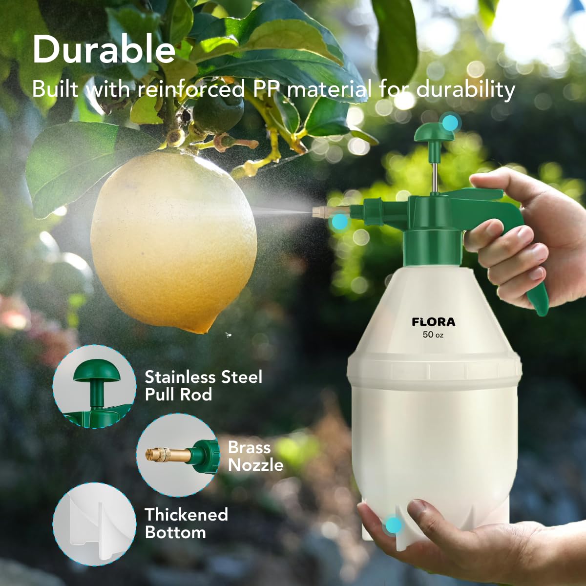 Flora Handheld Garden Pump Sprayer, 0.4 Gallon (50 oz/1.5L) Pressure Water Bottle with Adjustable Brass Nozzle, for Plants, Lawn, and Cleaning (Green) or (Red)