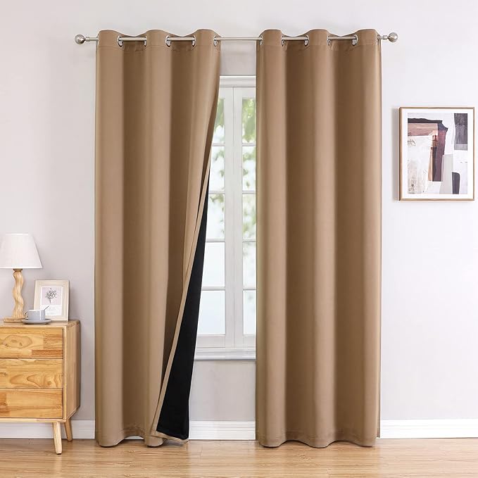 ChrisDowa 100% Blackout Curtains for Bedroom with Black Liner, 2 Thick Layers Total Blackout Thermal Insulated Grommet Window Curtains 2 Panels Set (Cappuccino, 42 x 84 Inch)