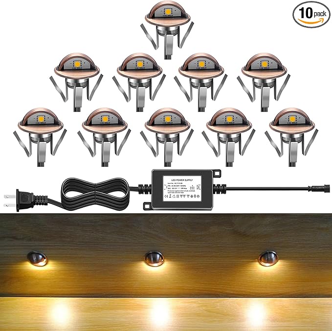 LED Deck Stair Lighting Kit, Low Voltage Patio Deck Lamp IP65 Φ1.38 Indoor Outdoor Wood Recessed Yard Garden Patio Step Landscape Pathway Decor Lights, Bronze (Warm White, Pack of 10)