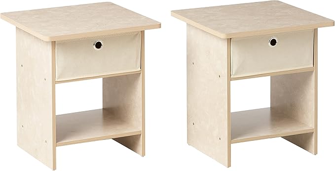 Furinno Dario End Table / Side Table / Night Stand / Bedside Table with Bin Drawer, 2-Pack, Cream Faux Marble/Ivory