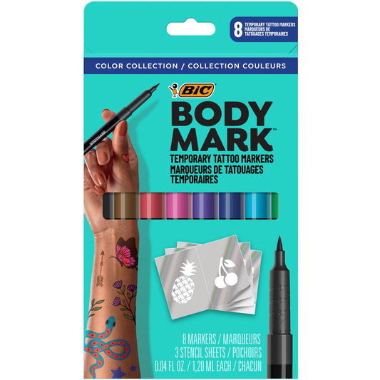 BodyMark Temporary Tattoo Markers, 8-Count Color Collection, Skin-Safe & Cosmetic Quality, Cruelty-Free, Long-Lasting, Flexible Brush Tip, Stencils Included