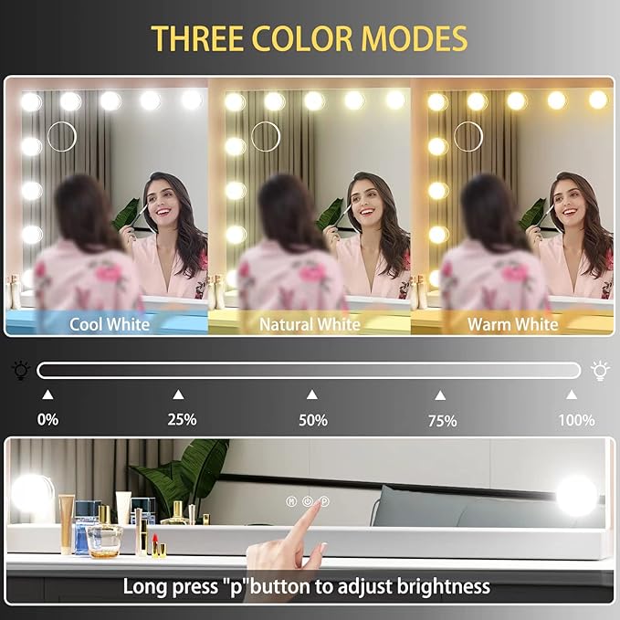 Vanity Mirror with Lights, 32 x 24 Tabletop Hollyhood Makeup Mirror, Hollywood Lighted Mirror with 18 Dimmable LED Bulbs,3 Colors Modes,Touch Control,Metal Frame,